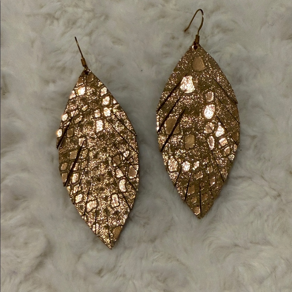 Leather Rose Gold Feather Glitter Drop Earrings